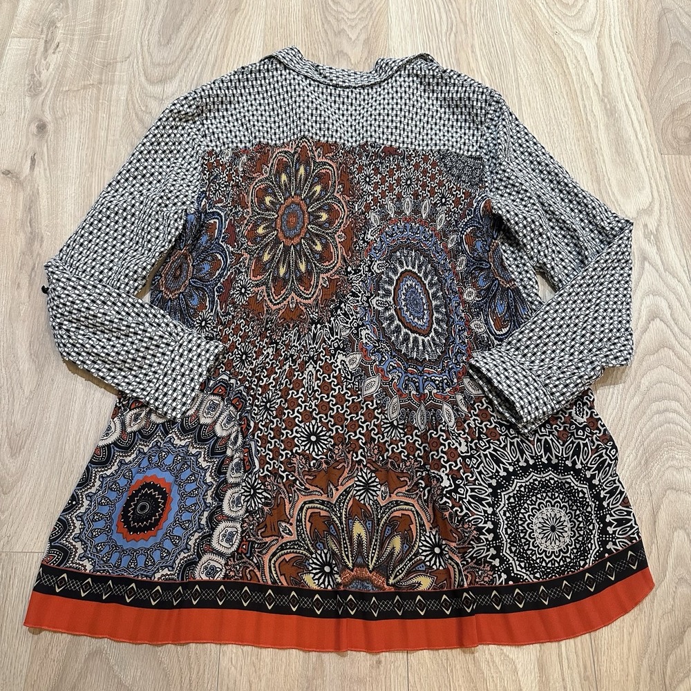 John Mark  Blouse Top Women's Size L Plaid Floral Art To Wear Boho